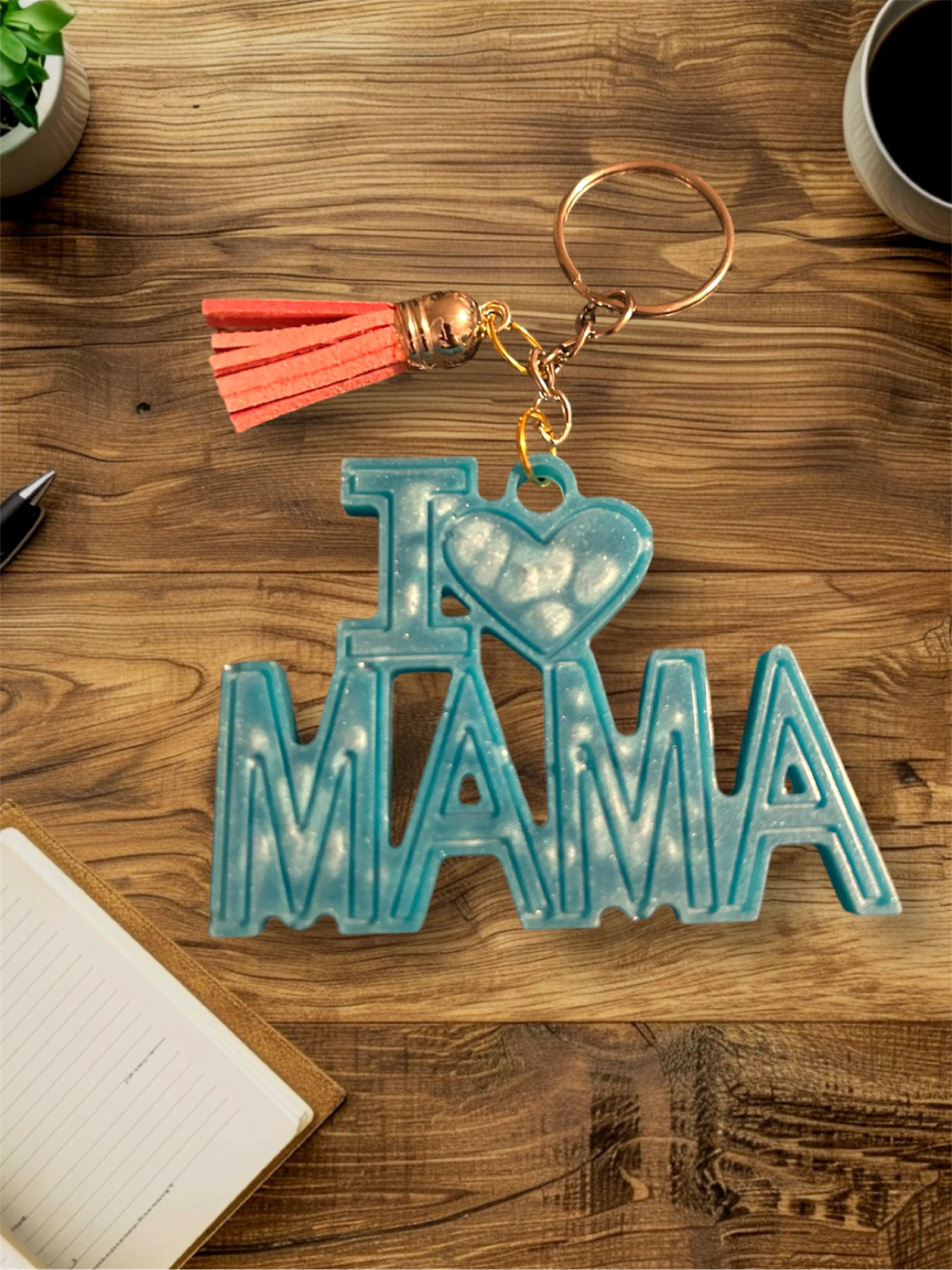 Handgemaakte blauw glitter sleutelhanger "I ❤️ MAMA"} – photo 2